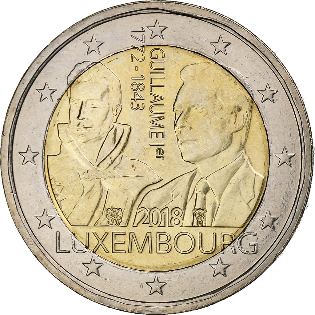 Lucembursko, 
  
  2 eura, 
  
  175e výročí smrti velkého dua Guillaume Ier